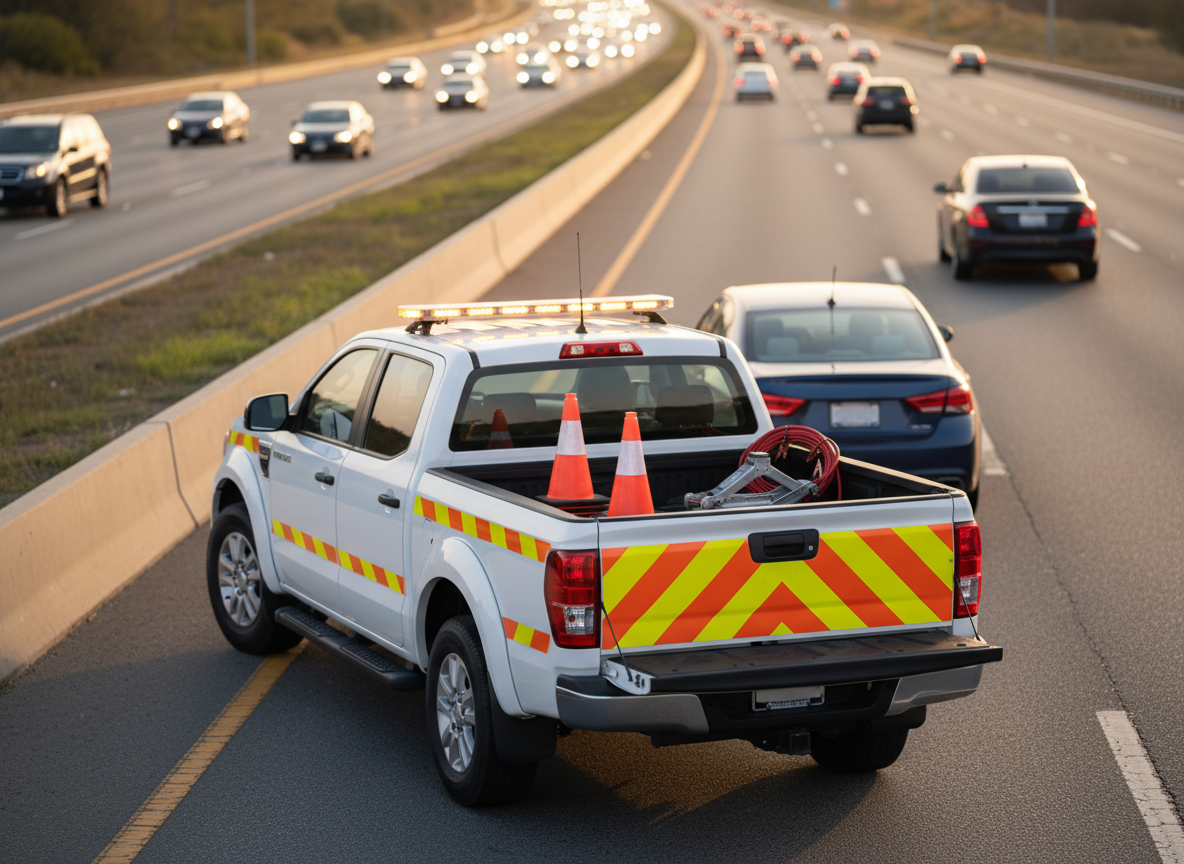 A modern white roadside assistance pickup truck with reflective safety striping and a mounted light bar, pulled up behind a compact sedan with its hazard lights on at the shoulder of a busy multi-lane highway. The truck’s bed is open, revealing neatly organized equipment: bright orange safety cones, a heavy-duty jack, and coiled jumper cables. Soft late-afternoon natural light creates realistic reflections on the clean paint and windshield, while cars blur past in the distant background. Photographic realism, eye-level composition with shallow depth of field, emphasizing fast, safe professional help in action without any people visible, calm and reassuring mood.